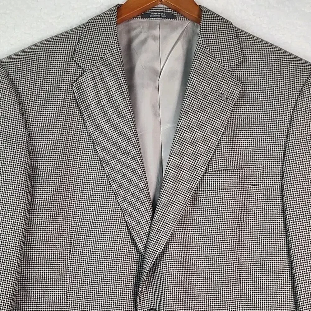 Hart Schaffner Marx Wool Sport Coat Jacket Black White Houndstooth USA 44L